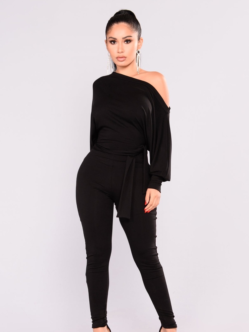 Fashion Nova Black One-Shoulder Jumpsuit with Waist Tie